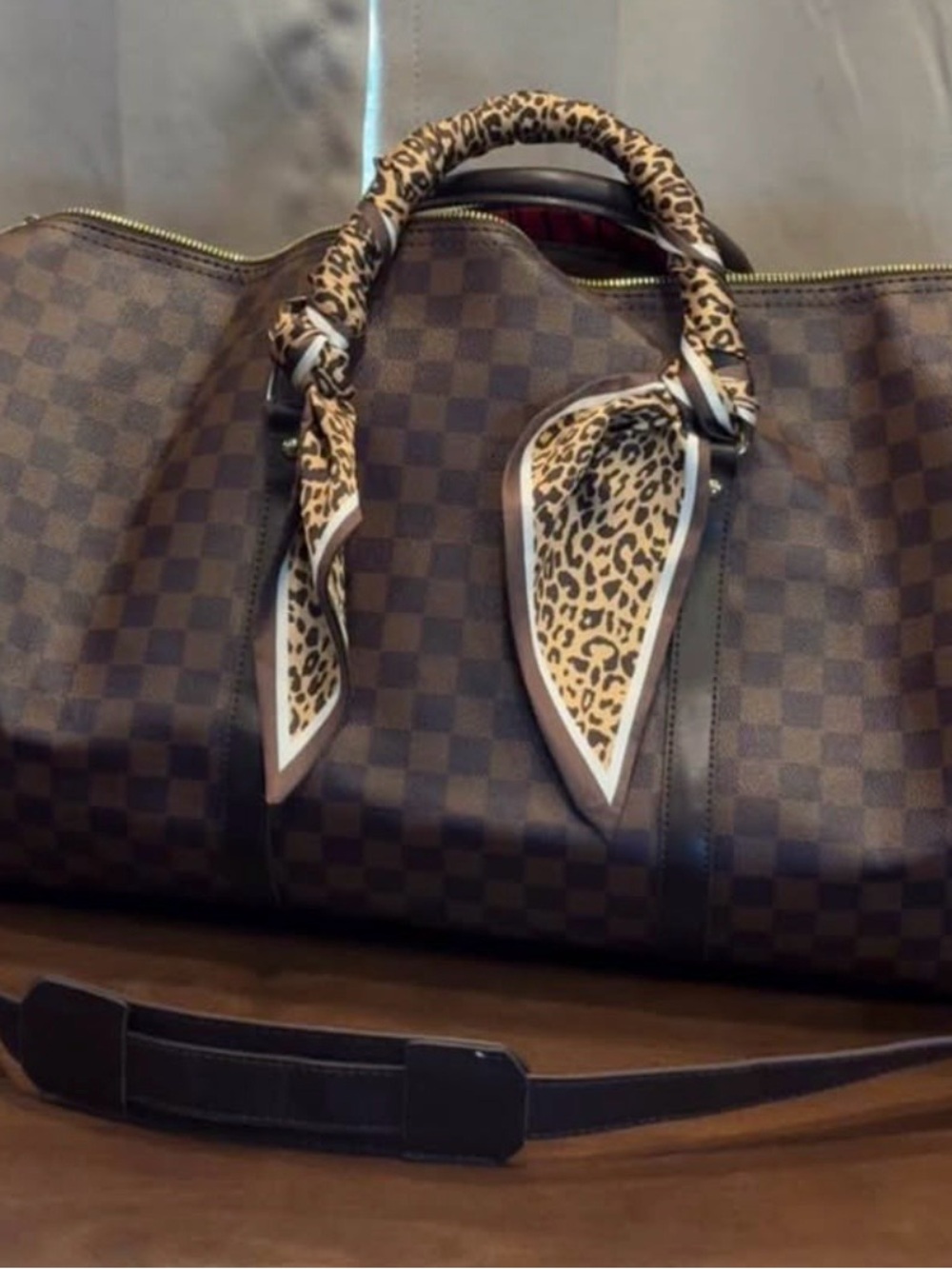 Luxury Brown Checkered Weekender Bag with Leopard Print Scarf
